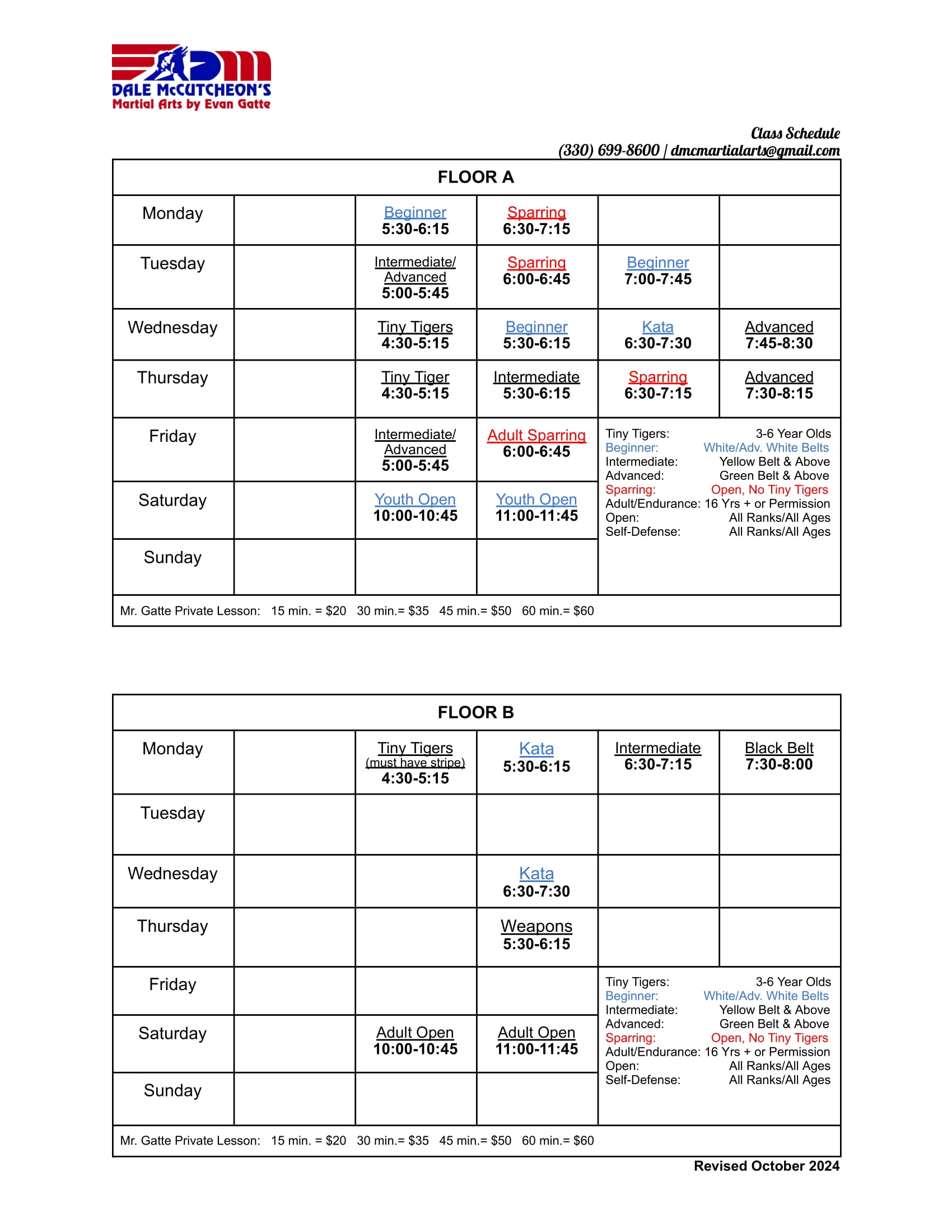 Class Schedule Oct. 10, 2024